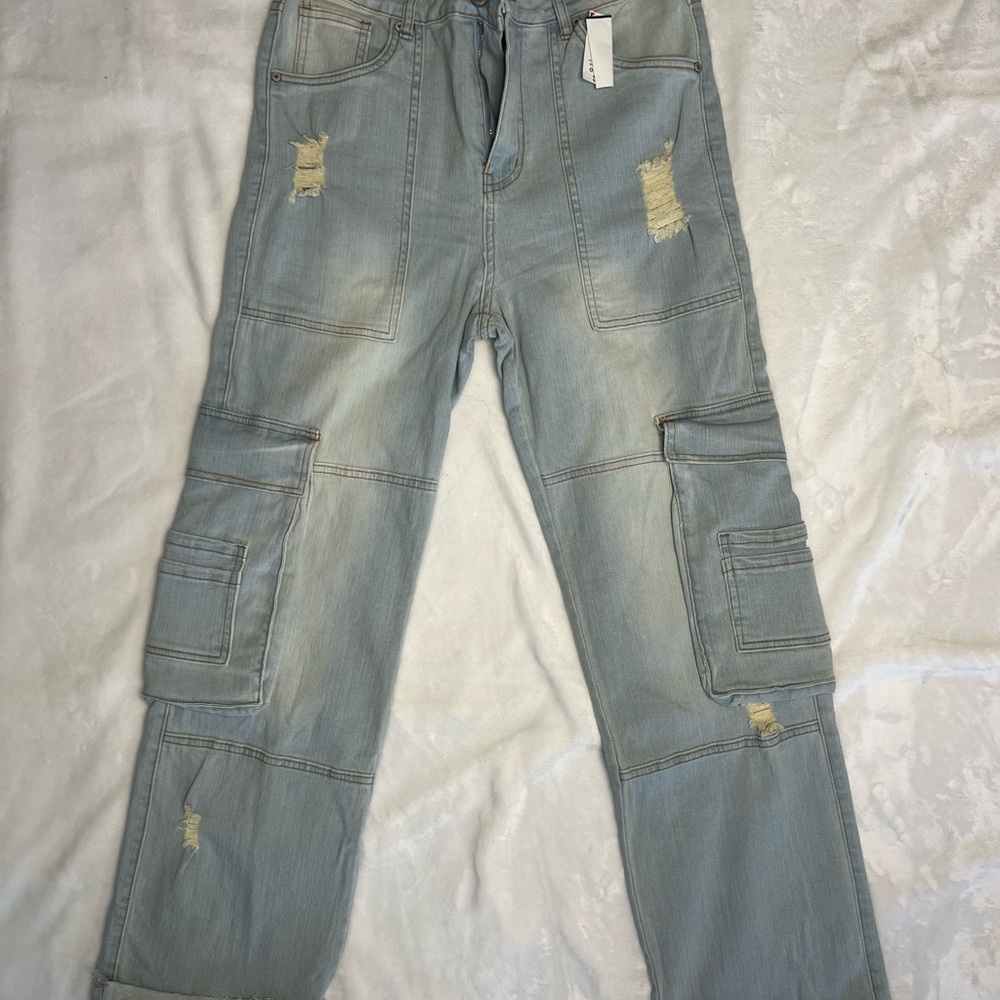 Women’s Distressed Light Blue Cargo Jean Pants